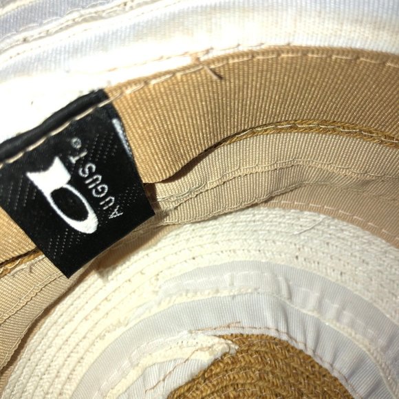 Stunning white tan wide brim cotton canvas straw black bow beach sun hat - Picture 5 of 9